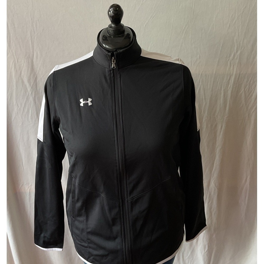 Under Armour Mens Small Track Jacket Black White Full Zip Pockets 1326774-001